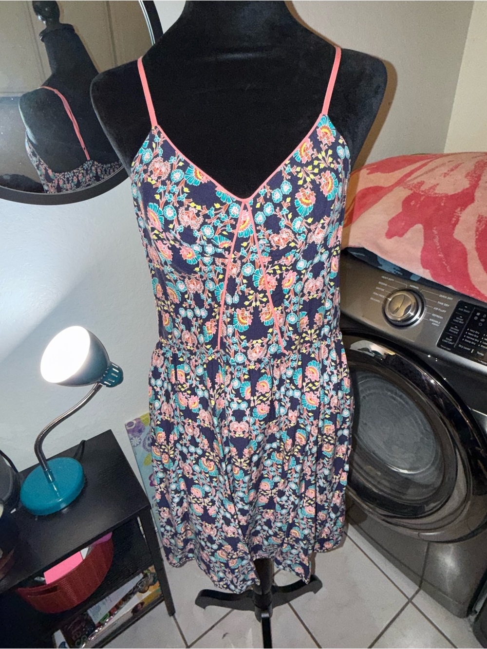 Xhilaration Navy Floral Mini Dress with Pink Trim